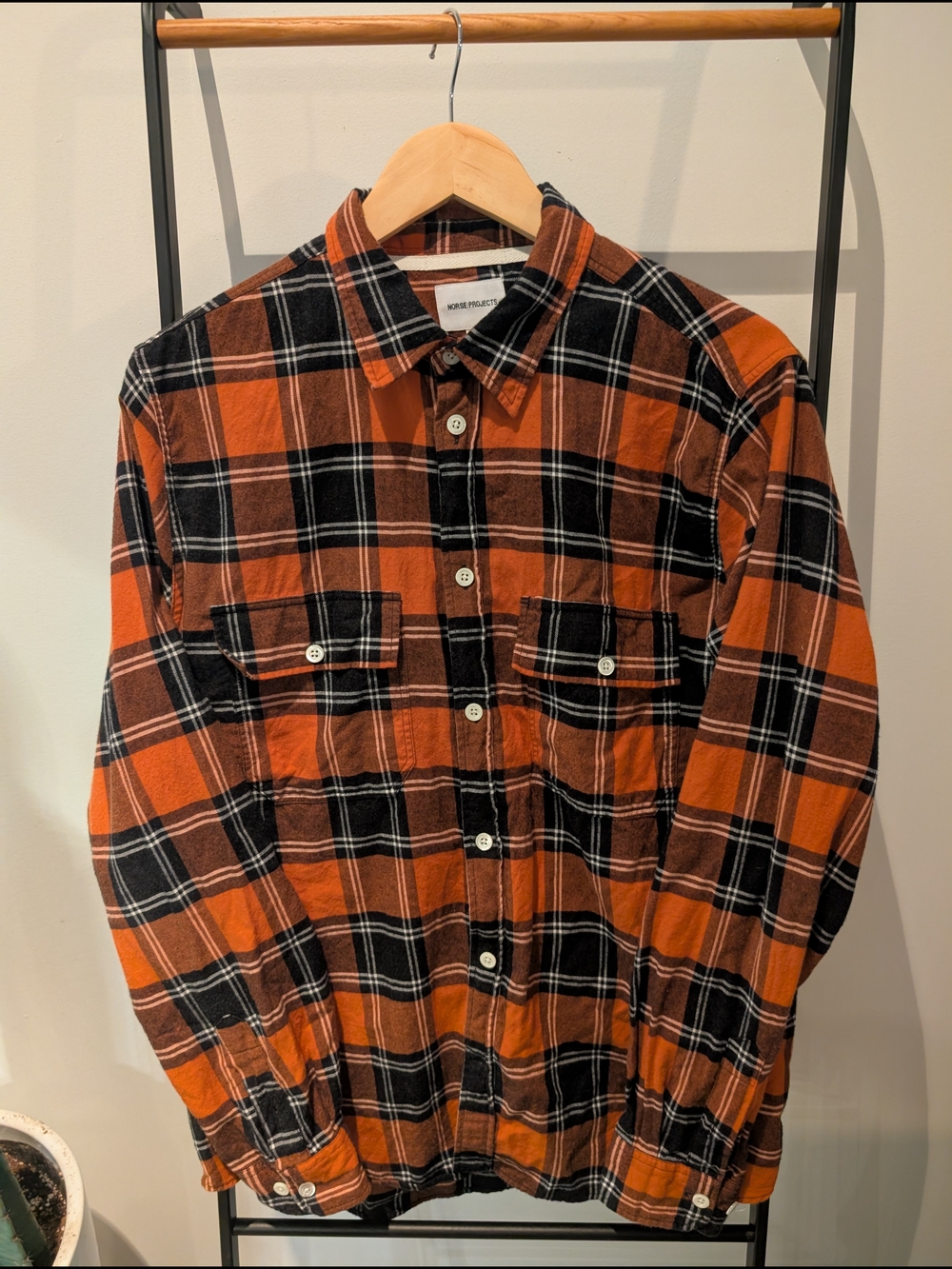Norse Projects Orange and Black Plaid Button-Down Shirt